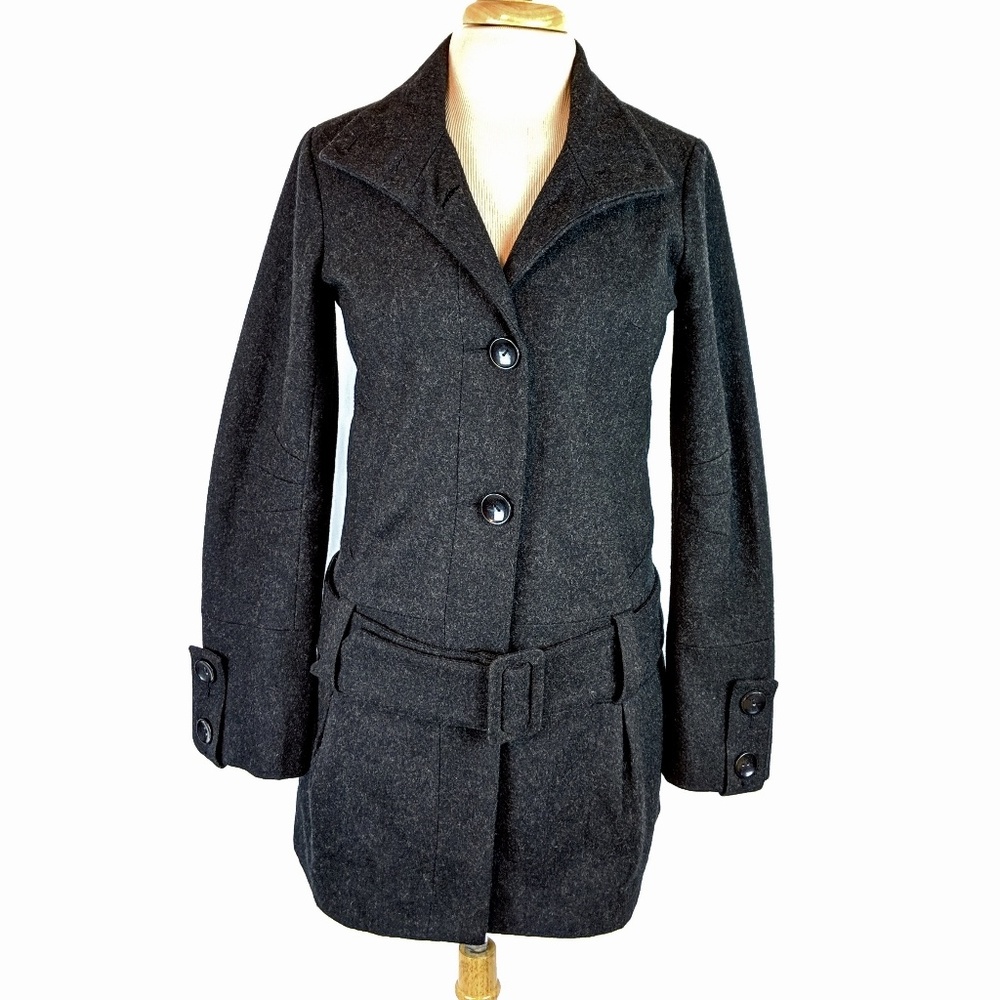 Bb Dakota Charcoal Gray Wool Blend Belted Funnel Neck Coat